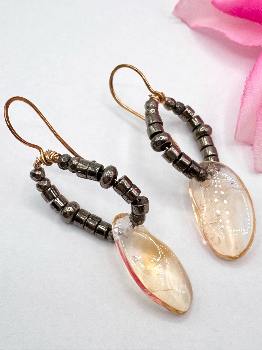 Artisan Raw Citrine Nugget and Hematite Bead Dangle Earrings Gemstones Handmade